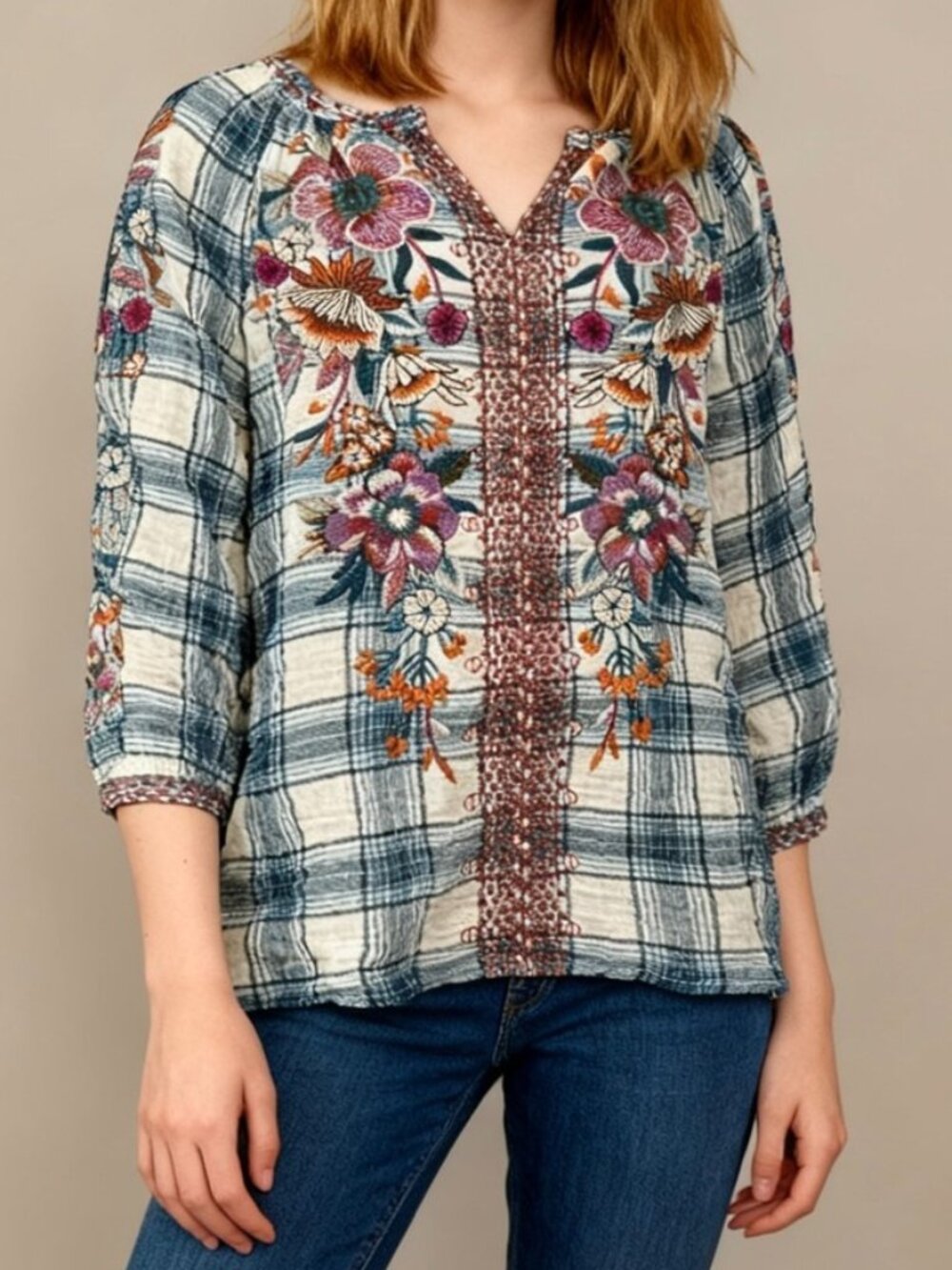 Johnny Was Blue Plaid Floral  Boho Embroidered 3/4 Sleeve Top 3712